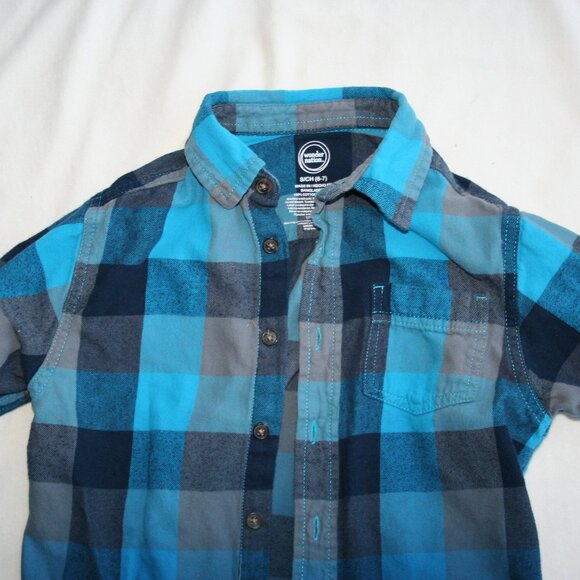 TEAL CHECKER FLANNEL SHIRT BOYS 6 7 KIDS BUTTON DOWN TOP BLUE OMBRE EUC - Picture 2 of 16